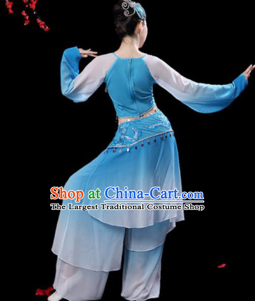 Chinese Classical Dance Umbrella Dance Blue Dress Traditional Fan Dance Costumes for Women