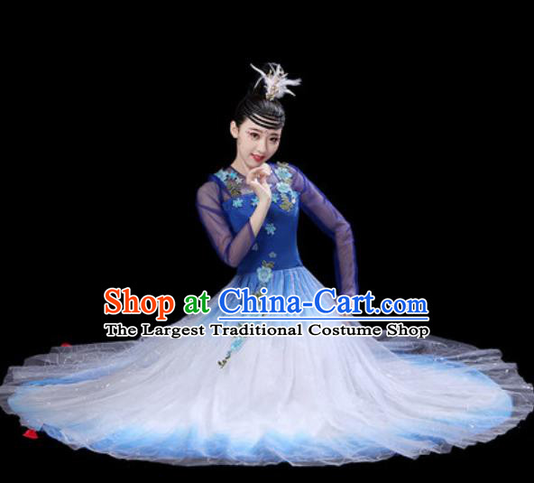 Chinese Classical Dance Royalblue Veil Dress Traditional Umbrella Dance Fan Dance Costumes for Women