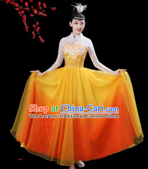 Chinese Classical Dance Chorus Orange Dress Traditional Umbrella Dance Fan Dance Costumes for Women