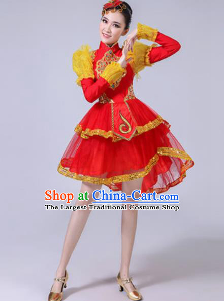 Traditional Chinese Folk Dance Drum Dance Costumes Fan Dance Yangko Dance Red Dress for Women