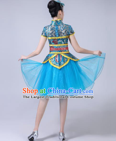 Traditional Chinese Folk Dance Drum Dance Costumes Fan Dance Yangko Dance Blue Dress for Women