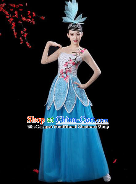 Chinese Classical Dance Blue Veil Dress Traditional Chorus Group Dance Umbrella Dance Costumes for Women