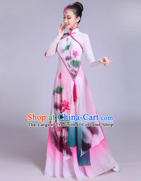 Chinese Classical Dance Printing Lotus Costumes Traditional Group Dance Umbrella Dance Dress for Women