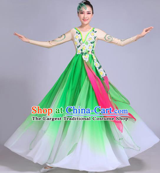 Chinese Classical Dance Costumes Traditional Group Dance Umbrella Dance Green Dress for Women