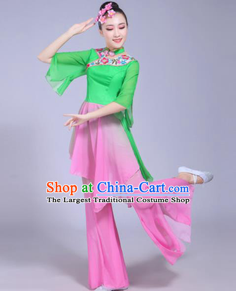 Chinese Traditional Yangko Dance Printing Cranes Costumes Folk Dance Fan Dance Green Clothing for Women