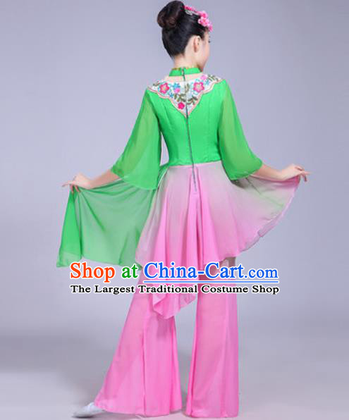 Chinese Traditional Yangko Dance Printing Cranes Costumes Folk Dance Fan Dance Green Clothing for Women