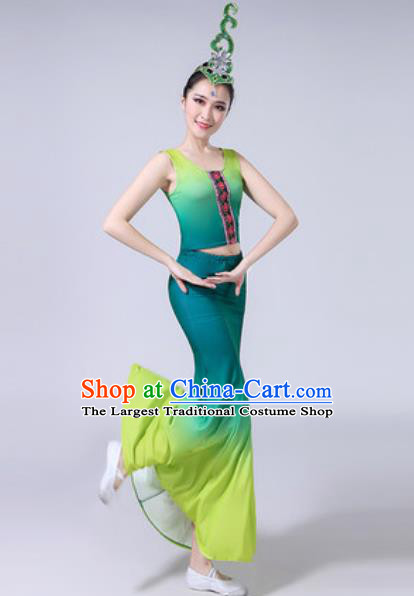 Chinese Ethnic Costumes Traditional Dai Nationality Peacock Dance Folk Dance Gradient Green Dress for Women