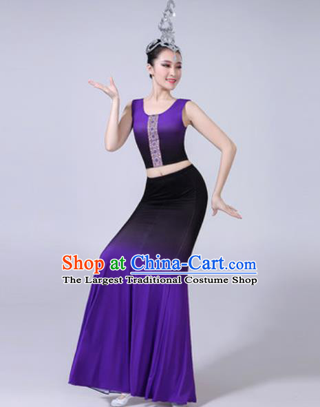 Chinese Ethnic Costumes Traditional Dai Nationality Peacock Dance Folk Dance Gradient Purple Dress for Women