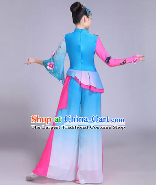 Chinese Traditional Yangko Costumes Folk Dance Fan Dance Blue Clothing for Women