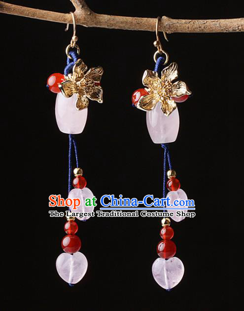 Chinese Traditional Jewelry Accessories National Hanfu Rose Chalcedony Tassel Earrings for Women