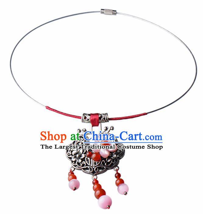 Chinese Traditional Jewelry Accessories National Hanfu Longevity Lock Pink Shell Necklace for Women