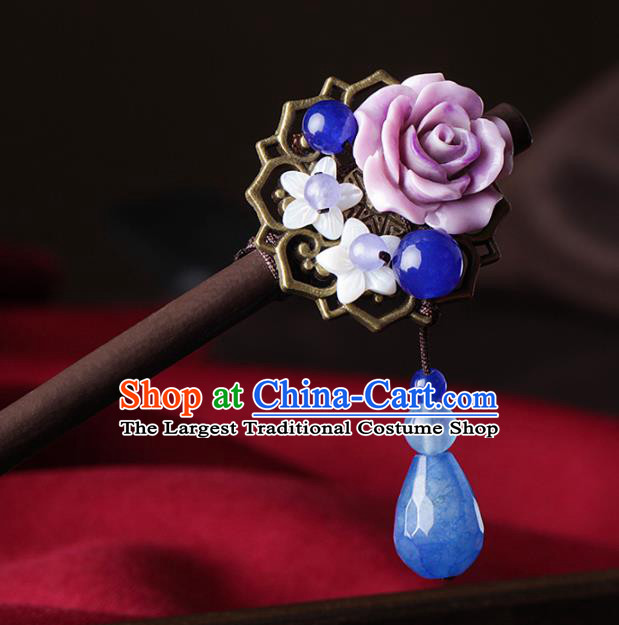 Chinese Traditional Hair Accessories National Hanfu Purple Flowers Tassel Hairpins for Women