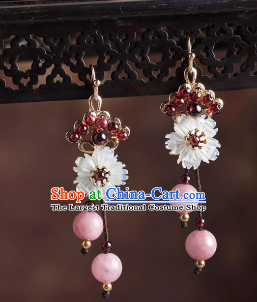Chinese National Hanfu Classical Shell Flower Tassel Earrings Traditional Ear Jewelry Accessories for Women