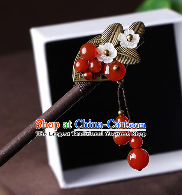 Chinese Traditional Hair Accessories National Hanfu Red Agate Beads Tassel Hairpins for Women