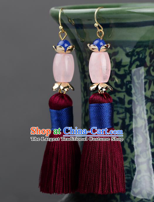 Chinese Yunnan National Classical Rose Quartz Earrings Traditional Ear Jewelry Accessories for Women