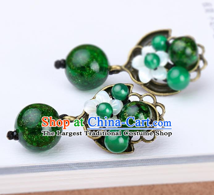 Chinese Yunnan National Classical Earrings Traditional Green Beads Ear Jewelry Accessories for Women