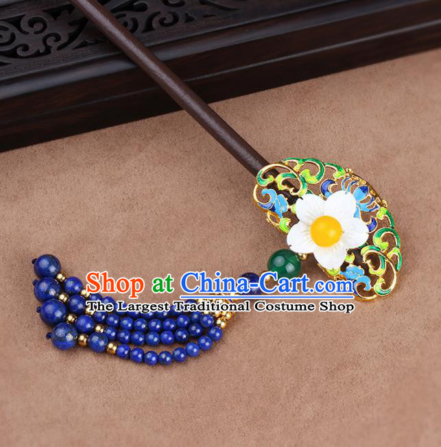 Chinese Traditional Hair Accessories Wood Hair Clip National Hanfu Blue Beads Tassel Hairpins for Women