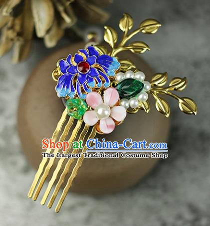 Handmade Chinese Traditional Blueing Chrysanthemum Hair Combs Traditional Classical Hanfu Hair Accessories for Women