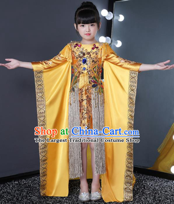 Children Modern Dance Costume Stage Performance Compere Golden Full Dress for Girls Kids