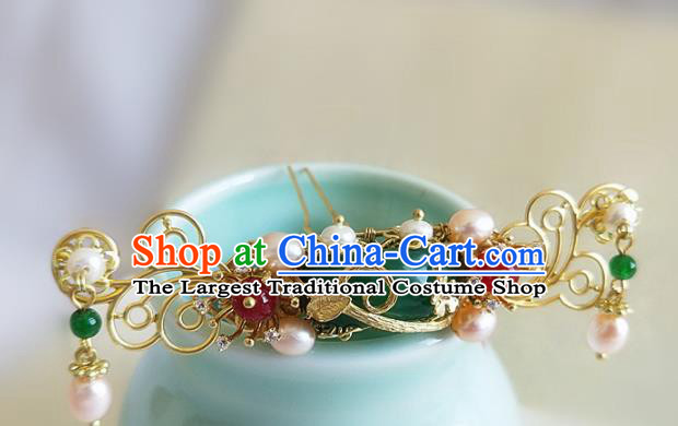 Chinese Ancient Traditional Hanfu Pearls Jade Hairpins Handmade Classical Hair Accessories for Women