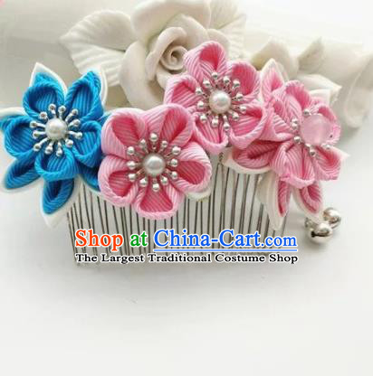 Asian Japanese Traditional Handmade Pink Flowers Hair Comb Japan Classical Kimono Hair Accessories for Women