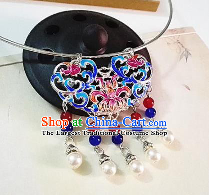 Chinese Traditional Hanfu Cloisonne Blue Necklace Traditional Classical Jewelry Accessories for Women