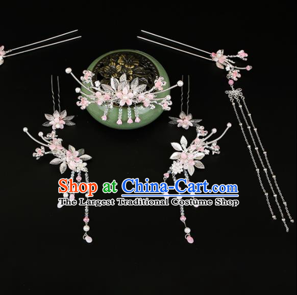 Chinese Ancient Traditional Hanfu Pink Flowers Phoenix Coronet Hairpins Handmade Classical Hair Accessories for Women