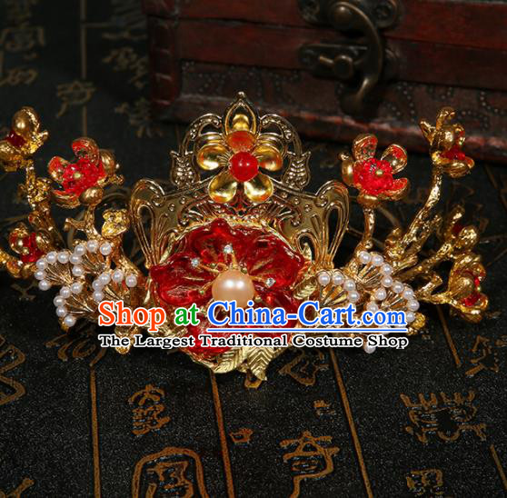 Chinese Ancient Traditional Hanfu Red Flowers Phoenix Coronet Hairpins Handmade Classical Hair Accessories for Women