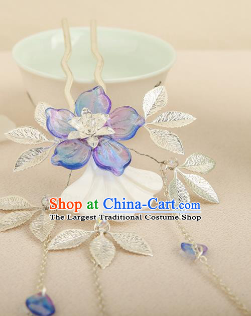 Chinese Ancient Traditional Hanfu Blue Flower Tassel Hairpins Handmade Classical Hair Accessories for Women