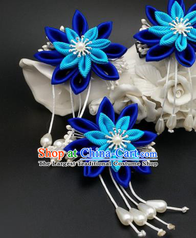 Asian Japanese Traditional Geisha Blue Flowers Hair Stick Japan Kimono Handmade Classical Hair Accessories for Women