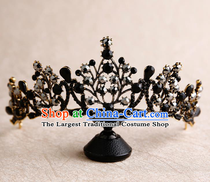 Handmade Top Grade Bride Hair Accessories Baroque Black Crystal Royal Crown for Women