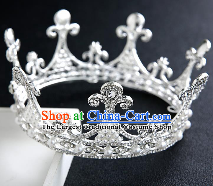 Handmade Top Grade Bride Pearls Round Royal Crown Hair Accessories Baroque Queen Crystal Hair Clasp for Women