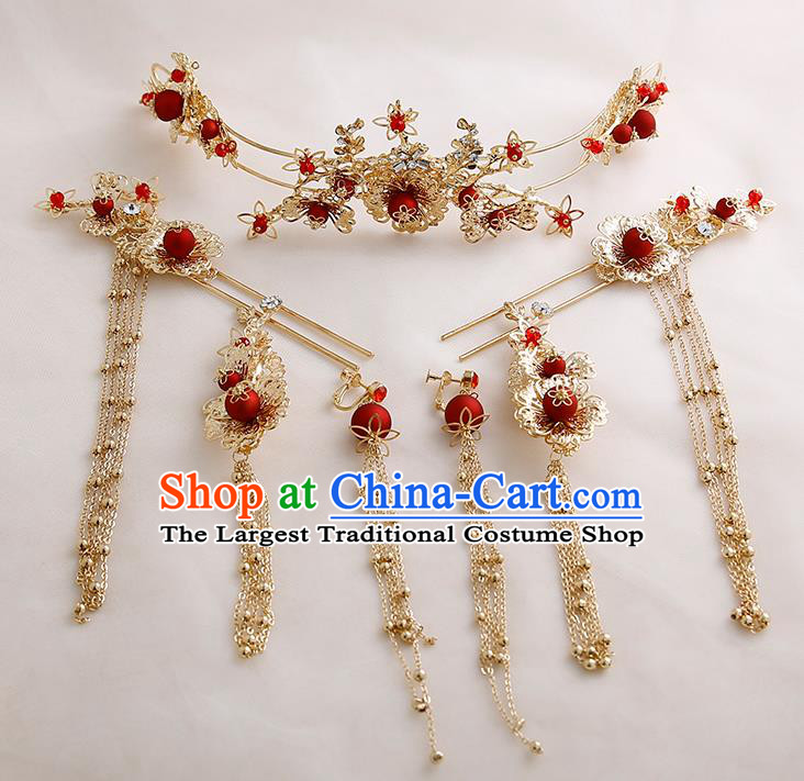 Chinese Ancient Traditional Hanfu Red Hair Clasp Hairpins Handmade Classical Hair Accessories for Women
