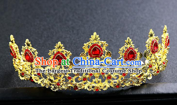 Top Grade Handmade Red Crystal Golden Royal Crown Hair Accessories Baroque Princess Hair Clasp for Women