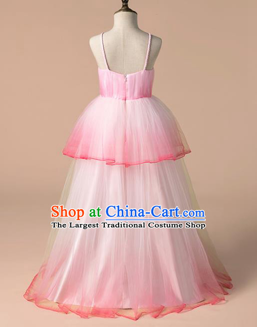 Children Catwalks Costume Girls Catwalks Compere Modern Dance Pink Veil Full Dress for Kids