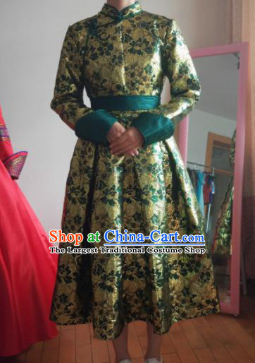 Traditional Chinese Mongol Nationality Costumes Mongols Female Folk Dance Ethnic Green Dress for Women