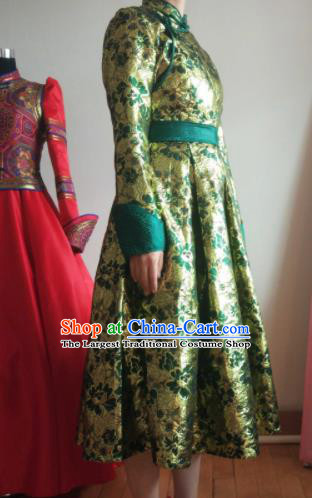 Traditional Chinese Mongol Nationality Costumes Mongols Female Folk Dance Ethnic Green Dress for Women