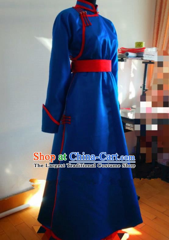 Traditional Chinese Mongol Nationality Costumes Mongols Female Folk Dance Ethnic Royalblue Dress for Women