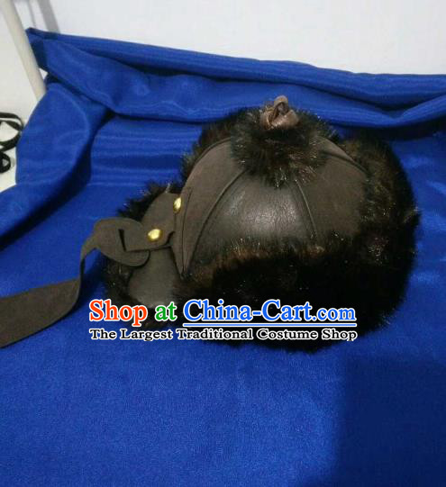 Traditional Chinese Mongol Nationality Hats Mongols Folk Dance Black Leather Hat for Men