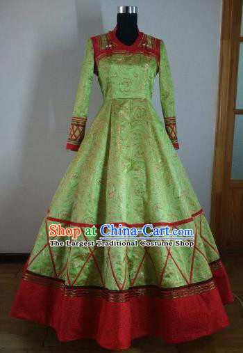 Traditional Chinese Mongol Nationality Wedding Costumes Mongols Female Folk Dance Ethnic Green Dress for Women