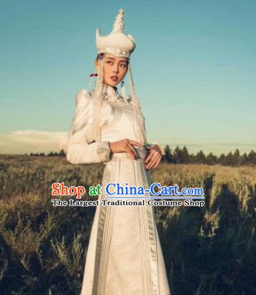 Traditional Chinese Mongol Nationality Wedding Costumes Female Folk Dance Ethnic White Mongols Robe for Women