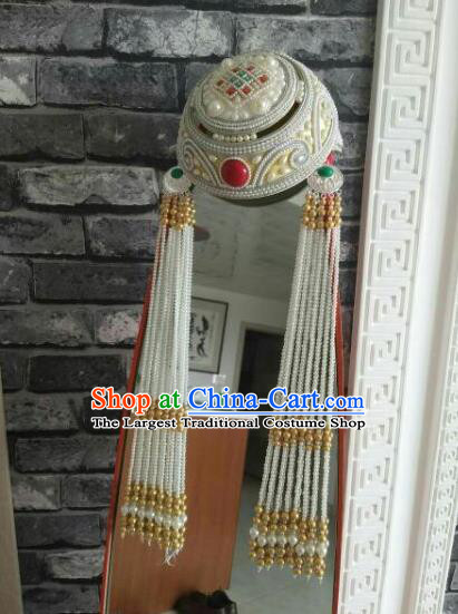 Traditional Chinese Mongol Nationality Princess Hats Mongols Bride Folk Dance Beads Tassel Hat for Women