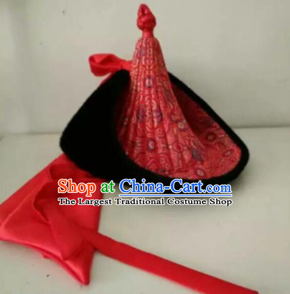 Traditional Chinese Mongol Nationality Folk Dance Hats Mongols Ethnic Royal Highness Red Hat for Men