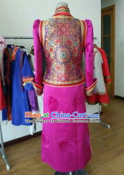 Traditional Chinese Mongol Nationality Costumes Female Folk Dance Ethnic Rosy Dress for Women