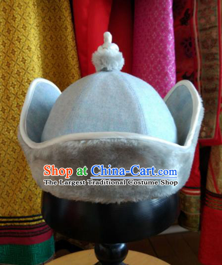 Traditional Chinese Mongol Nationality Folk Dance Hats Mongols Ethnic Blue Hat for Men