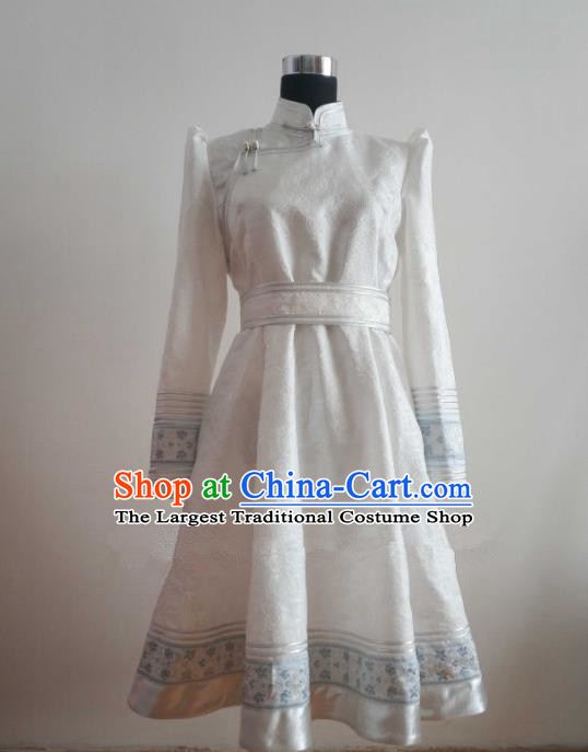 Traditional Chinese Mongol Nationality Folk Dance Costumes Mongolian Ethnic Female White Dress for Women