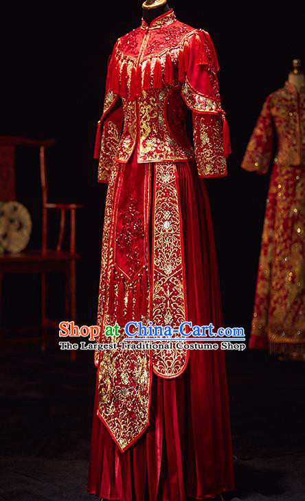 Chinese Traditional Wedding Costumes Ancient Bride Embroidered Xiuhe Suits Red Full Dress for Women