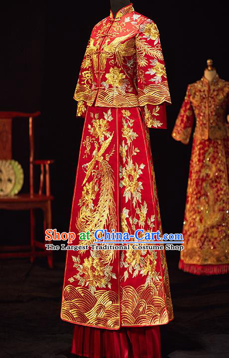 Chinese Traditional Wedding Costumes Ancient Bride Embroidered Phoenix Peony Xiuhe Suits Red Full Dress for Women