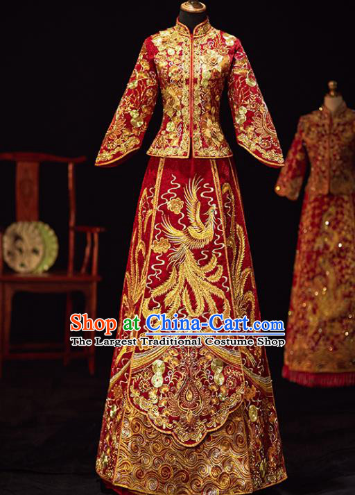 Chinese Traditional Wedding Costumes Ancient Bride Embroidered Phoenix Xiuhe Suits Red Full Dress for Women