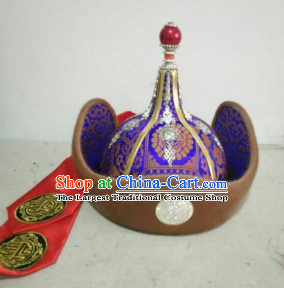 Traditional Chinese Mongol Nationality Folk Dance Hats Mongols Ethnic Royal Highness Purple Hat for Men